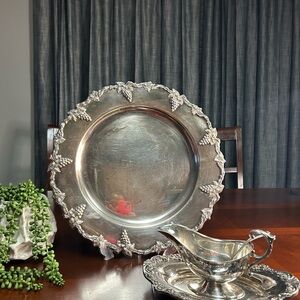 Vintage Silver Grape Motif Serving Platter and Gravy Boat